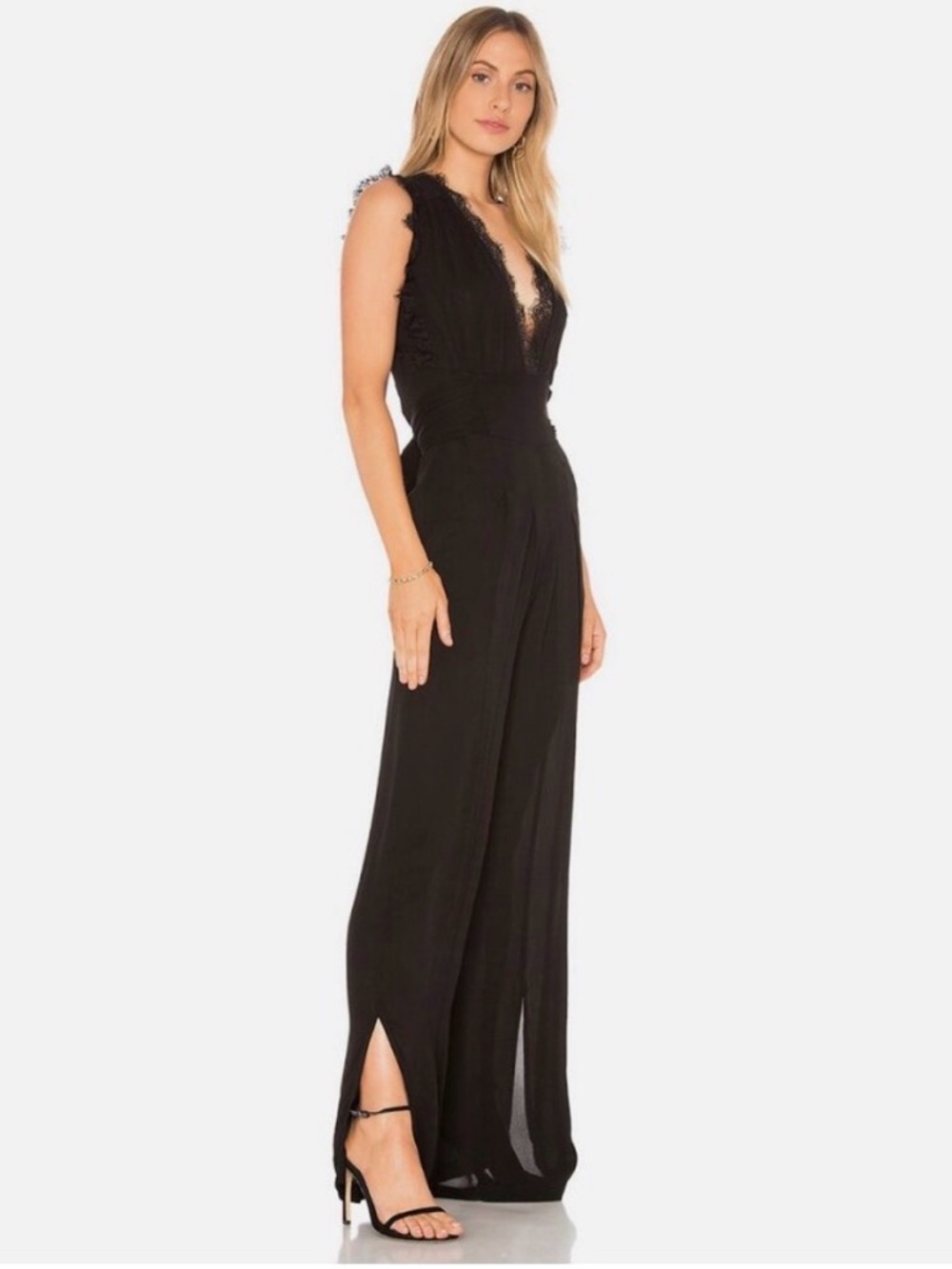 Free People Cem Black Lace-Trim V-Neck Wide-Leg Jumpsuit - Picture 3 of 8